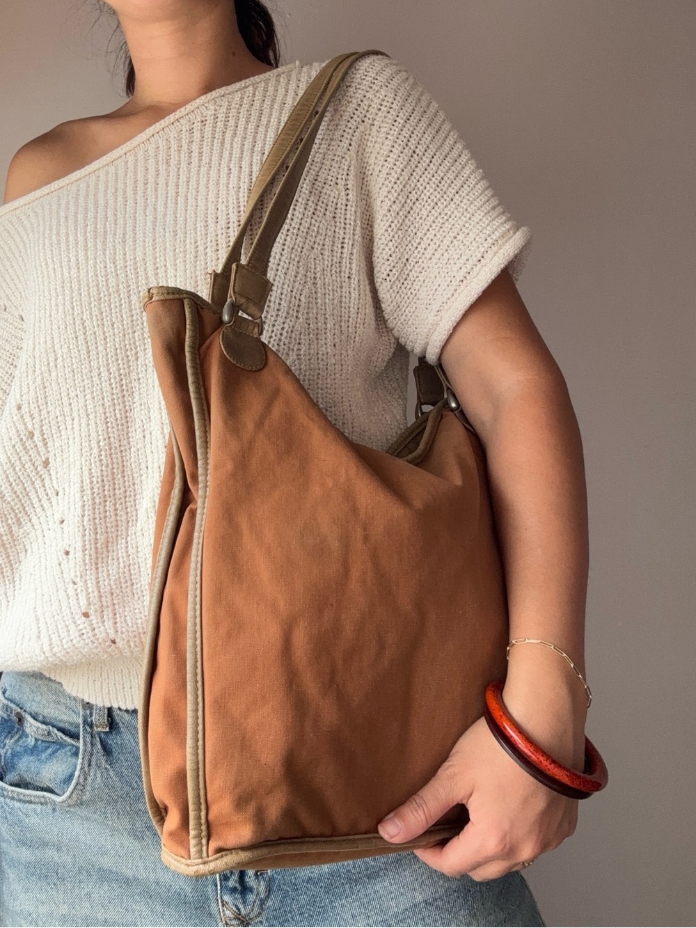 Canvas Tote Shoulder Bag in Tan